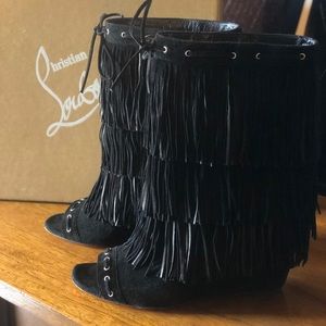 Christian Louboutin Black Fringe Wedge Heels
